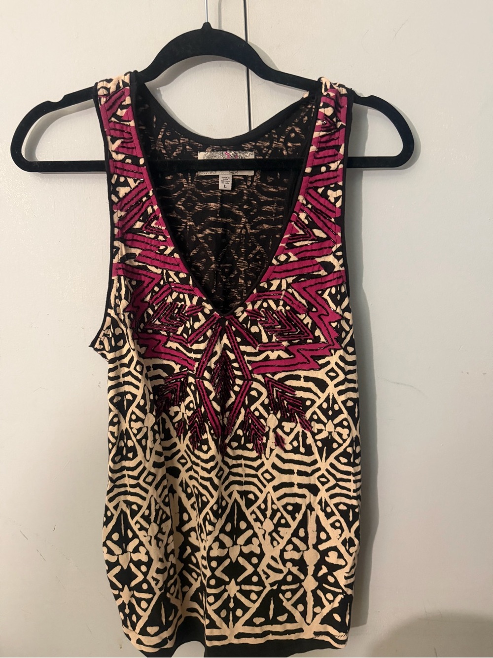 Ecote Beaded Geometric Boho Tank Top Tunic Black Pink Large